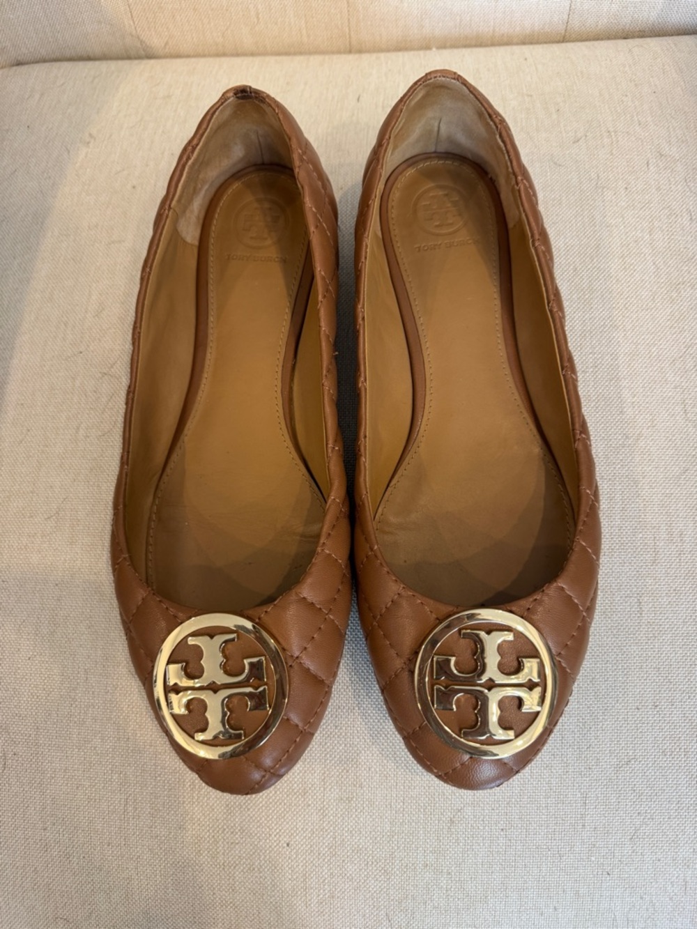 Tory Burch Benton Cognac Quilted Leather Logo Ballet Flats
